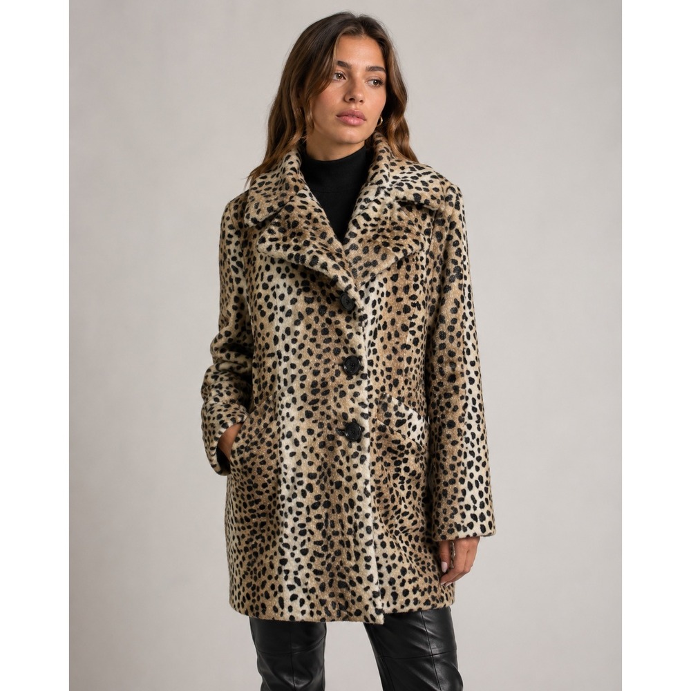 Moda International Leopard Faux Fur Tan Black Coat Womens Medium Glam Mob Wife